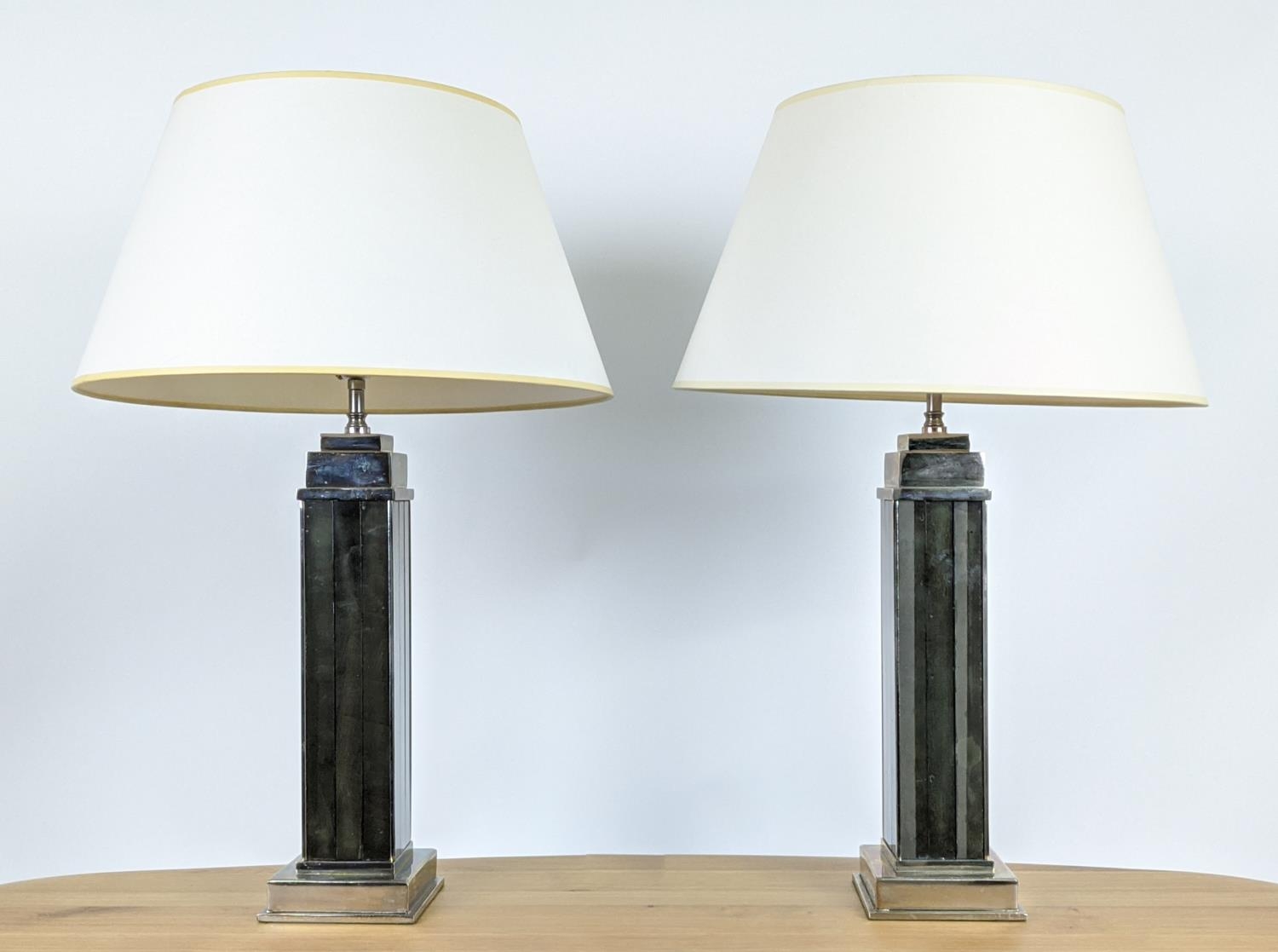 VAUGHAN TABLE LAMPS, a pair, antiqued mirrors with shades. (2) - Image 2 of 20
