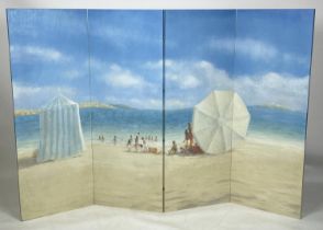 LINCOLN SELIGMAN (British b.1950), four fold screen 'Beach scene', oil on board, 160cm x 120cm H.