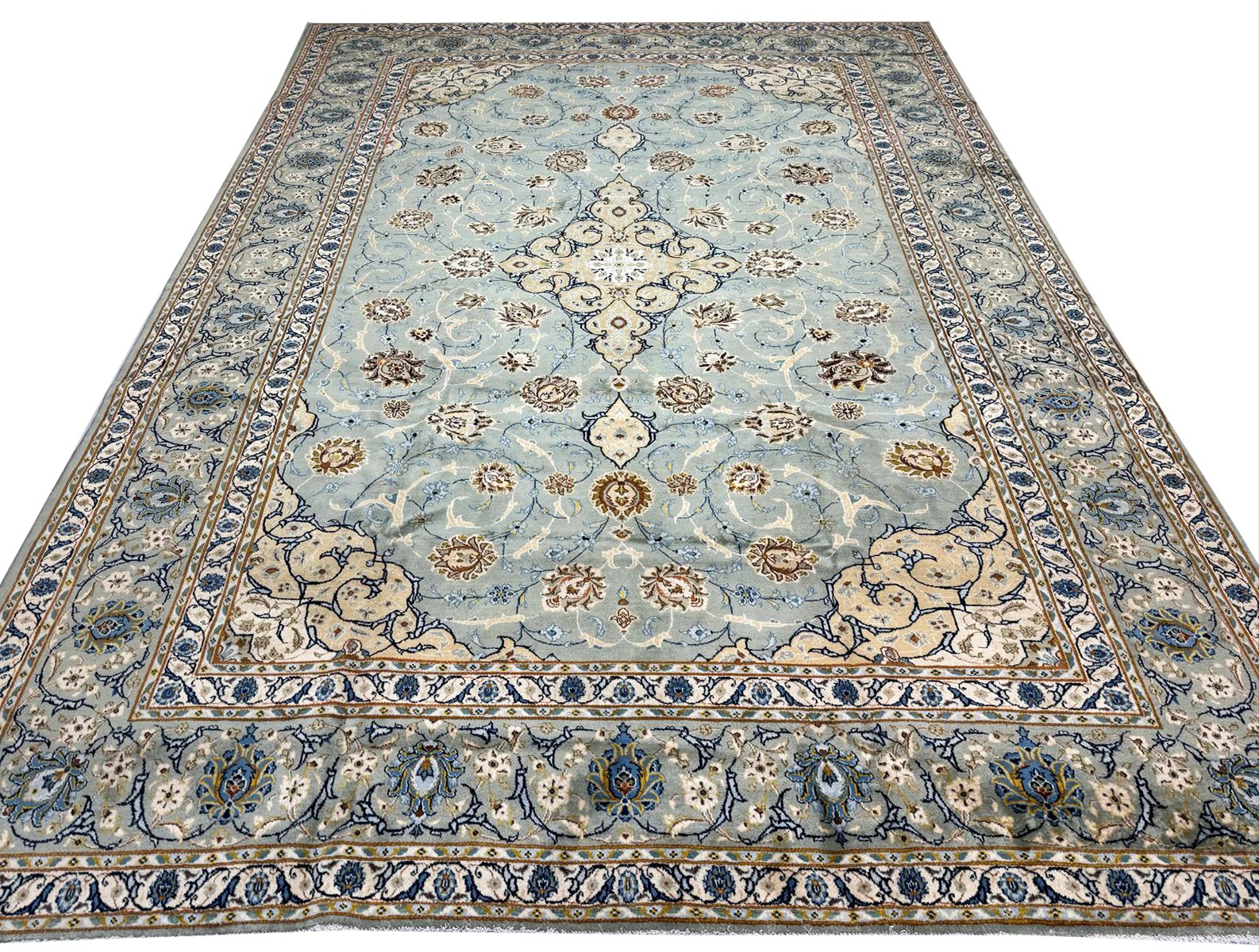 VERY FINE PERSIAN KURK KASHAN CARPET, 402cm x 290cm, jade colour.