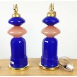 CENEDESE MURANO GLASS TABLE LAMPS, a pair, cobalt blue and rose pink opaline glass, on brass