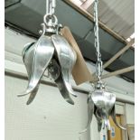 PAOLO MOSCHINO NICKEL IOTA PENDANT LIGHTS, a pair, 210cm drop approx each. (2)