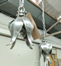 PAOLO MOSCHINO NICKEL IOTA PENDANT LIGHTS, a pair, 210cm drop approx each. (2)