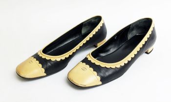 CHANEL VINTAGE FLAT SHOES, black leather with contrasting toes in cream leather and scallop details,
