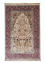 FINE HEREKE SILK RUG, Tree of Life within Mihrab, signature panel to the top outer edge, 140cm L x