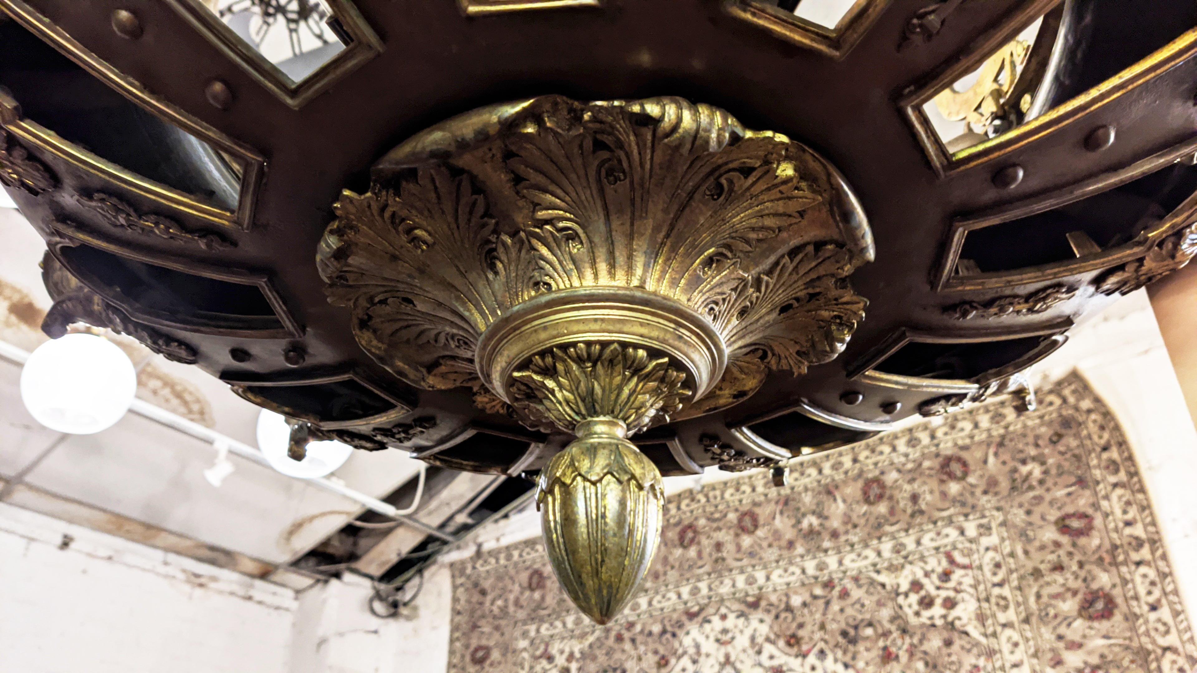 CHANDELIER, 110cm H x 75cm W, French Empire style patinated and gilt metal with angel and wreath - Image 8 of 17