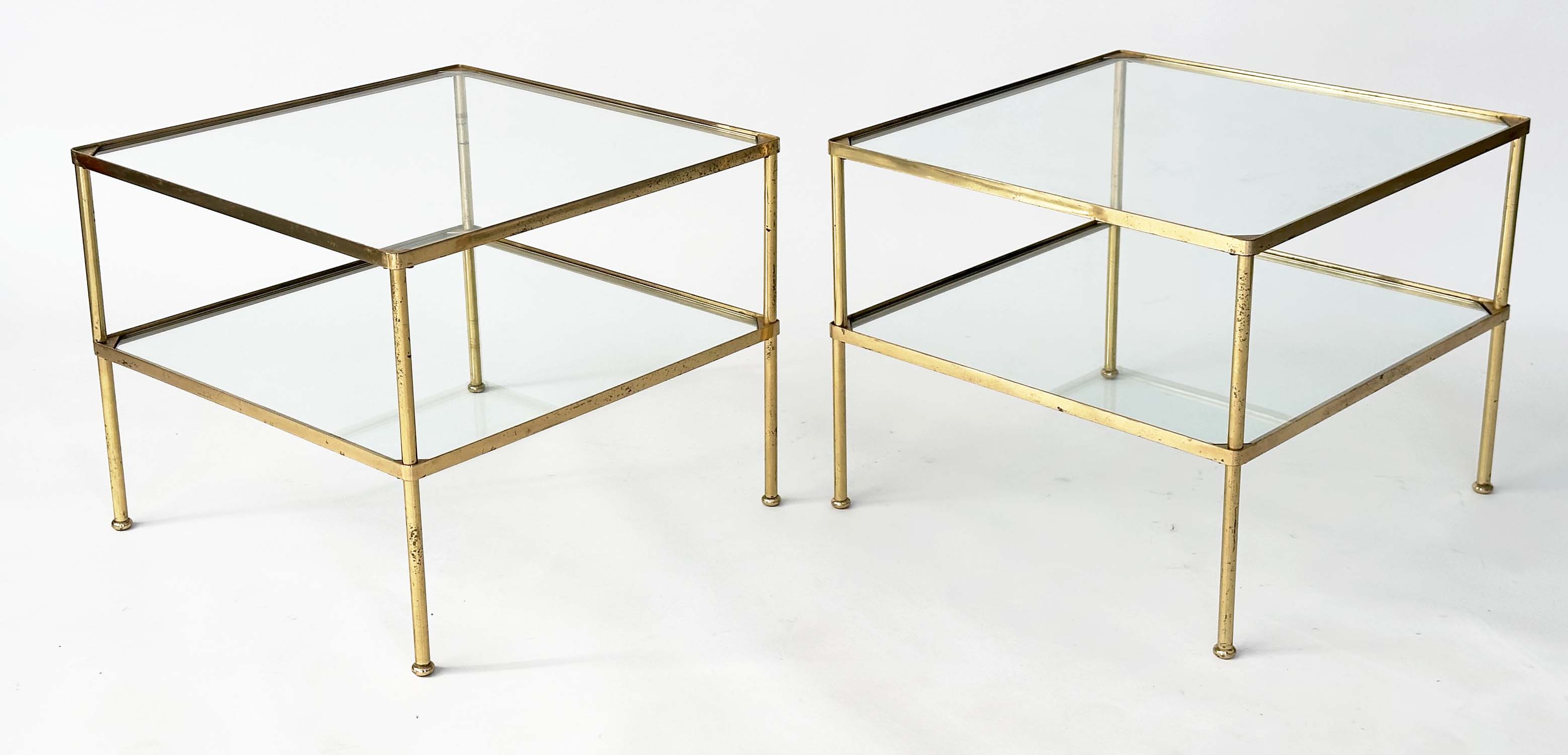 LAMP TABLES, a pair, 1970s, gilt metal, square with two glazed tiers and capped tubular supports, - Image 8 of 20