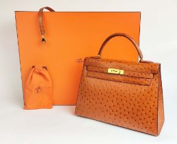 HERMÈS KELLY SELLIER 32 OSTRICH, gold tone hardware, top handle, color matching leather lining,