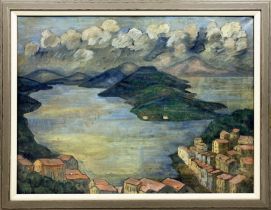 MANNER OF SPYROS PAPALOUKAS (1892-1957), 'Islands', oil on canvas, 69cm x 78cm, framed.