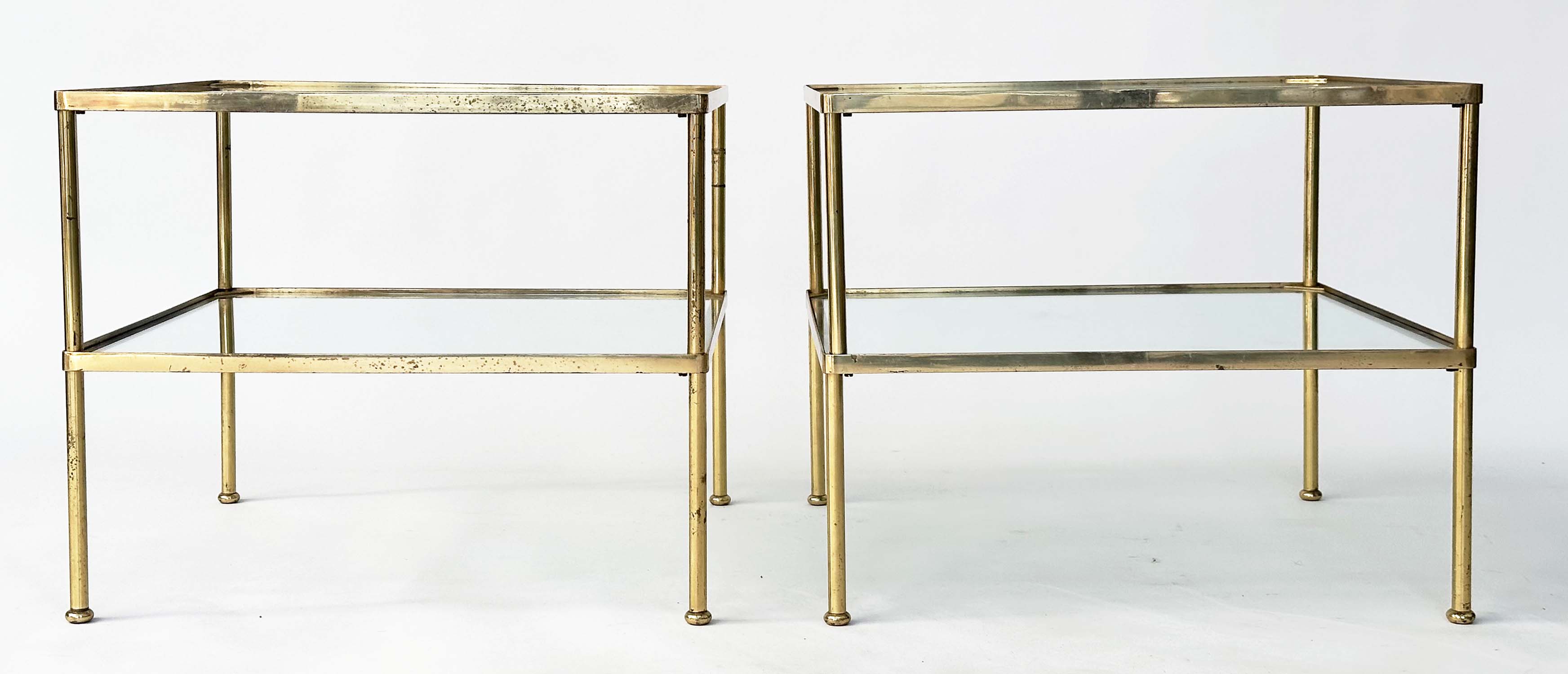 LAMP TABLES, a pair, 1970s, gilt metal, square with two glazed tiers and capped tubular supports, - Image 5 of 20