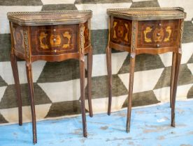 TABLES DE NUIT, a pair, Louis XV style marquetry, each with three drawers and brass galleried top,