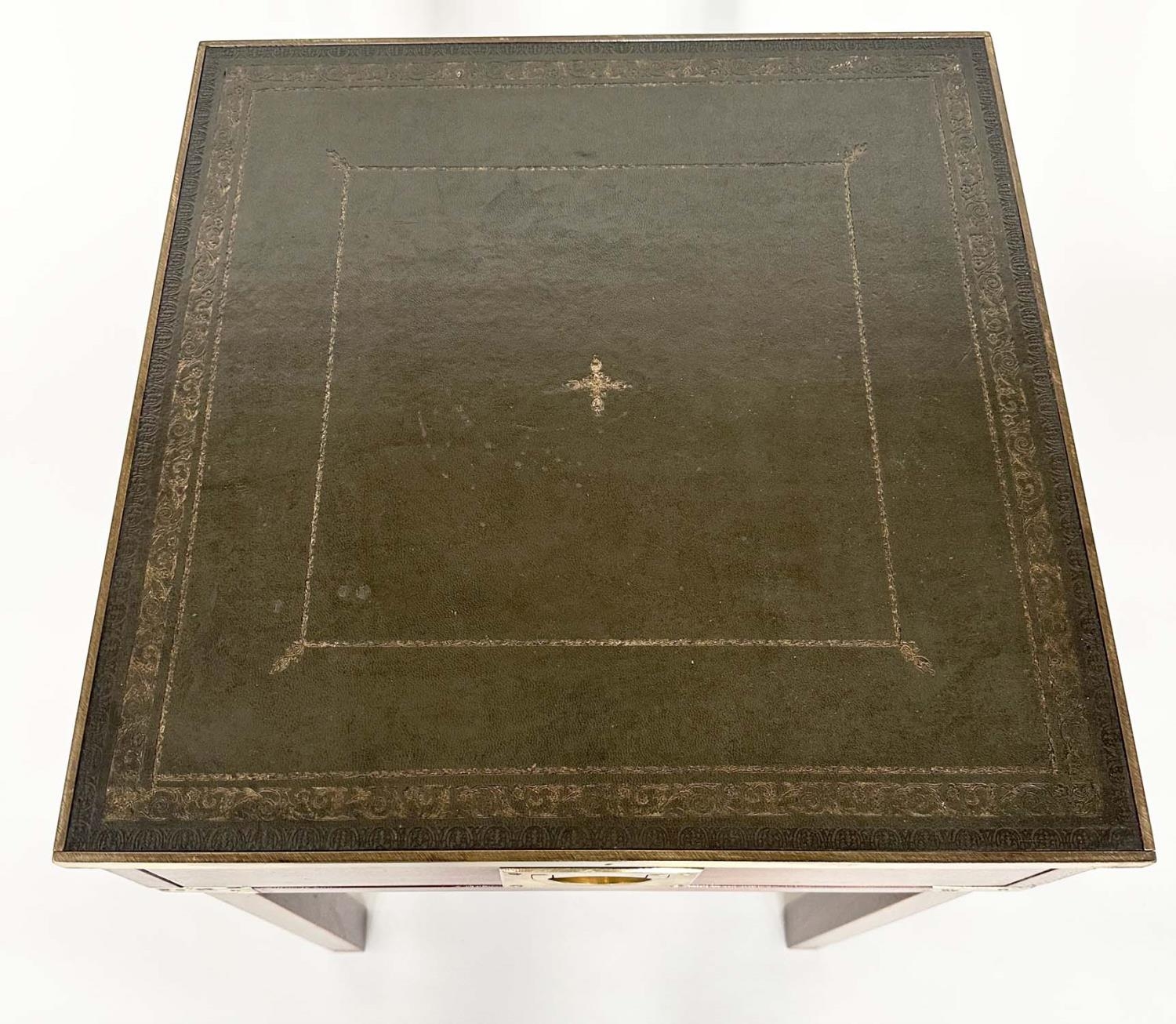 LAMP TABLES, a pair, campaign style mahogany and brass bound each with gilt tooled green leather and - Image 7 of 13