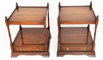 LAMP TABLES, a pair, George III design figured mahogany each with two tiers and a drawer, 46cm W x