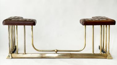 ADJUSTABLE CLUB FENDER, vintage buttoned leather seats raised upon gilt metal balustrade, 150cm W