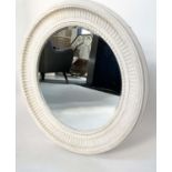 WALL MIRROR, Regency style circular grey painted with fluted and beaded frame and bevelled mirror,