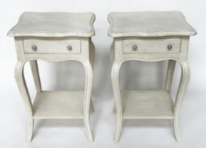 BEDSIDE/LAMP TABLES, a pair, French Louis XV style traditionally grey painted each with drawer and