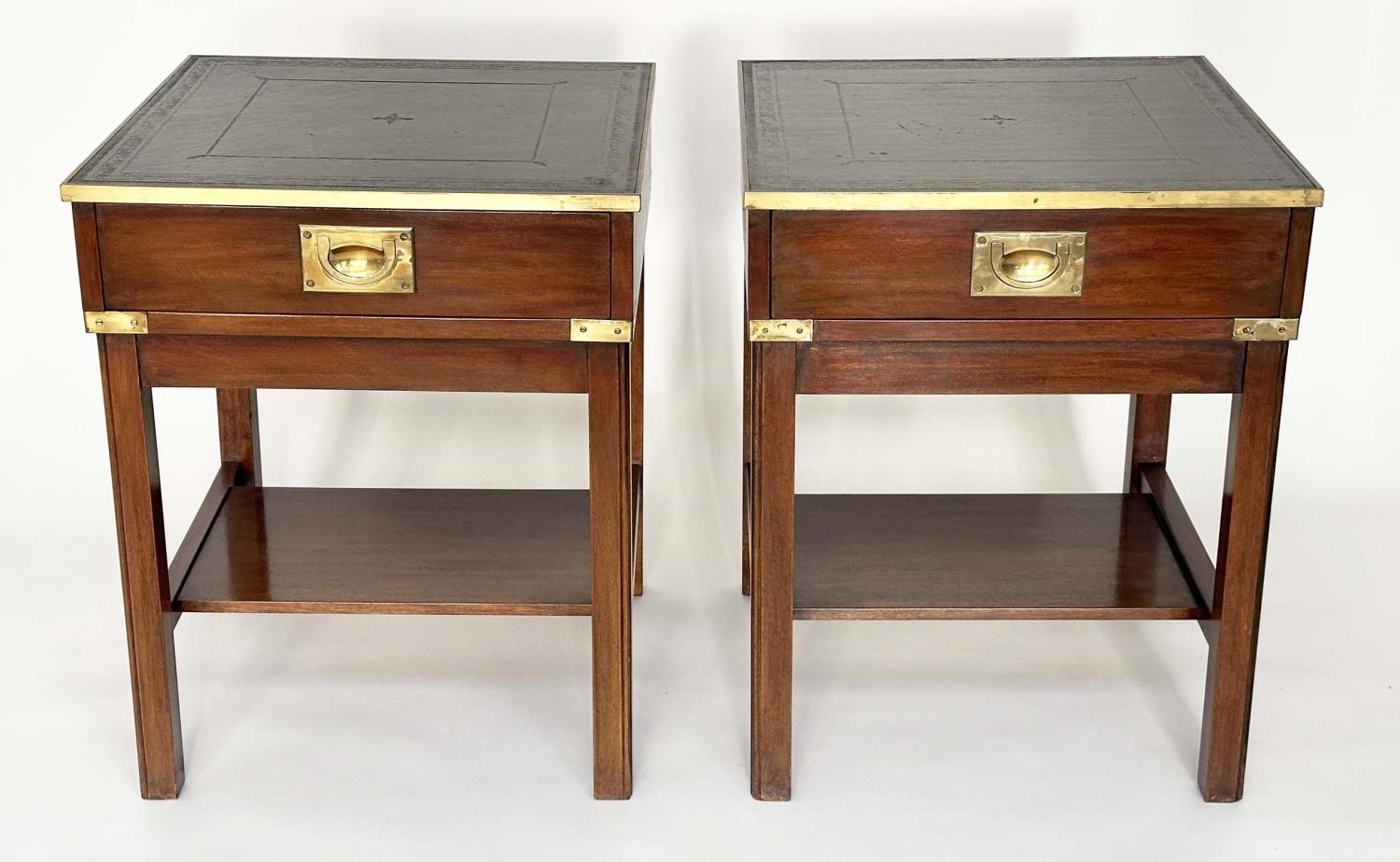 LAMP TABLES, a pair, campaign style mahogany and brass bound each with gilt tooled green leather and - Image 11 of 13