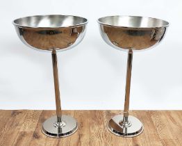 FLOOR STANDING CHAMPAGNE COOLERS, Art Deco style, polished metal, 70cm H x 40cm W. (2)