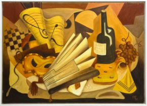 CAROLYN HUBBARD FORD (b.1947), 'A Theatrical Dinner, Still Life with Masque, Music, Wine Bottle