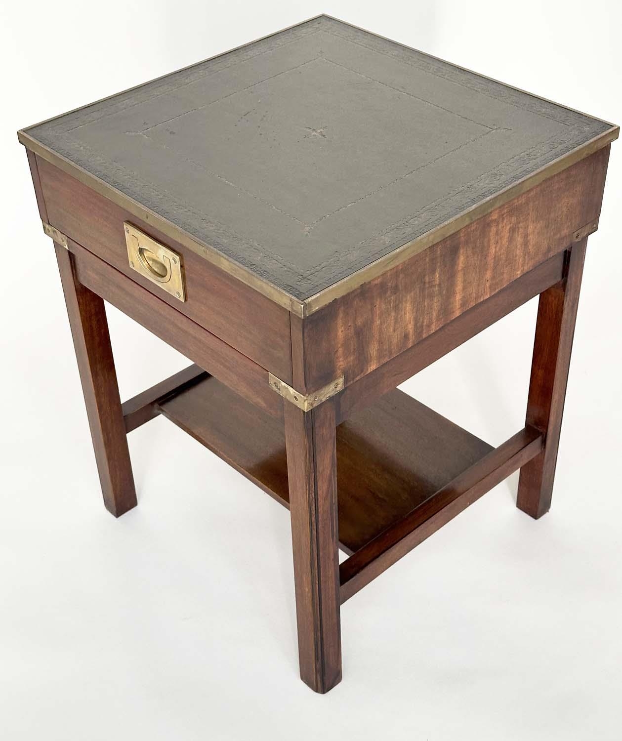 LAMP TABLES, a pair, campaign style mahogany and brass bound each with gilt tooled green leather and - Image 12 of 13