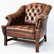 LIBRARY ARMCHAIR, Georgian design, deep buttoned soft tan leather, studded upholstered with double