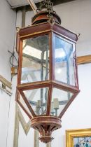HANGING LANTERN, 90cm H x 51cm W, Early 20th century red tole.