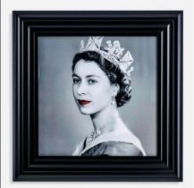 HM QUEEN ELIZABETH II, print, heightened with adornments, framed, 55cm H x 50cm W.