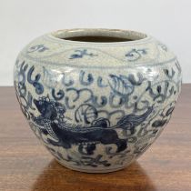 CHINESE VASE, Ming style, blue and white with stylised lions, 12cm H x 12cm.