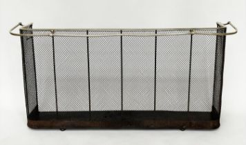 NURSERY FENDER, early 20th century wrought iron and mesh with brass rail fitting, 153cm W x 38cm D x