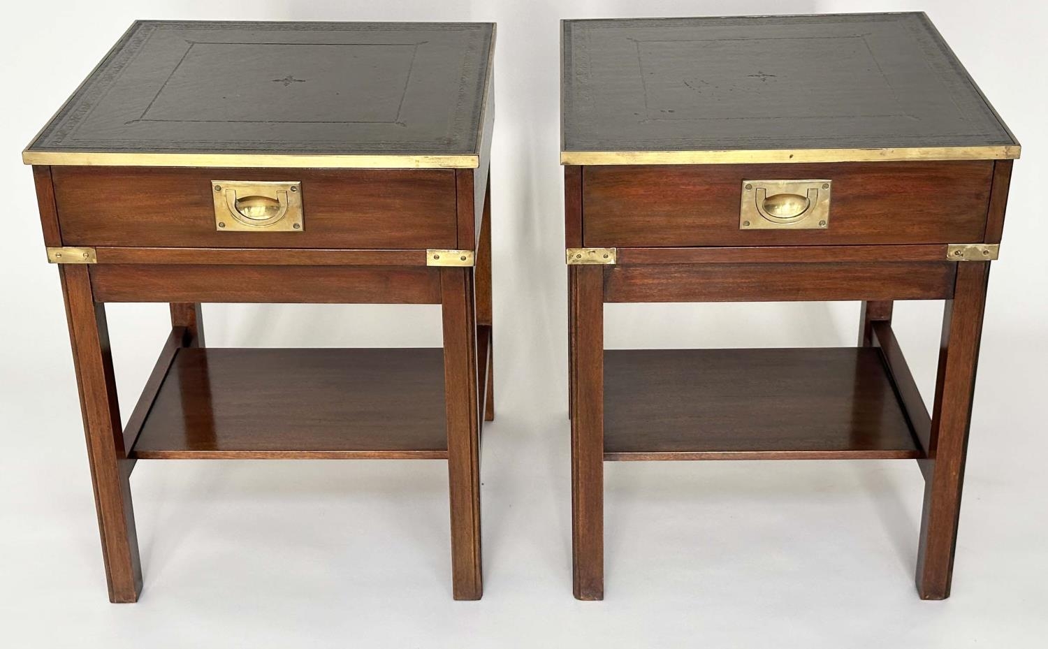 LAMP TABLES, a pair, campaign style mahogany and brass bound each with gilt tooled green leather and - Image 2 of 13