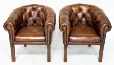 LIBRARY ARMCHAIRS, a pair, club style buttoned soft mid brown leather with curved back and scroll