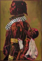 AFRICAN SCHOOL IN THE MANNER OF KUDZANAI-VIOLET HWAMI 'Father and Child', oil on canvas, 90cm x