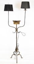 FLOOR LAMP, 163cm H x 69cm W patinated metal, twin light with jardiniere centre.