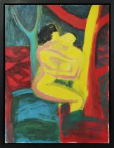 MANNER OF HOURIA NIATI (born Algeria 1948), 'Embrace', oil on canvas, 80cm x 60cm, framed.
