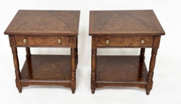 LAMP TABLES, a pair, George III style burr walnut and crossbanded each with drawer and undertier,