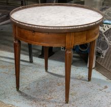 LOW BOUILLOTTE TABLE, 54cm H x 62cm, Louis XVI style mahogany with circular white marble top above