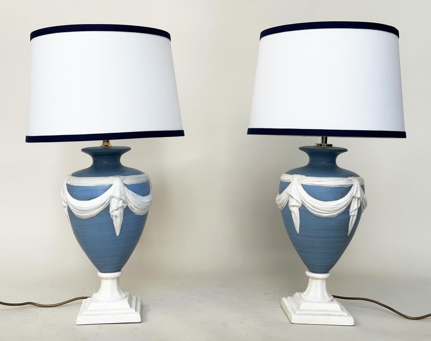 TABLE LAMPS, a pair, Wedgwood jasperware style of vase form with shades, 70cm H.