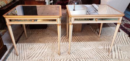 END TABLES, a pair, each 85cm W x 79cm H x 65cm D, with antiqued mirrored tops and distressed