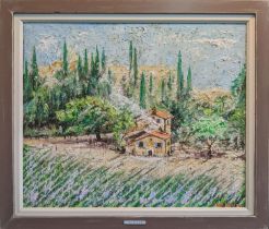 KEN DAVIS, 'Tuscany', oil on board, 60cm x 70cm, framed.