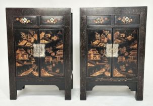 CHINESE CABINETS, a pair, early 20th century lacquered, silvered metal mounted and gilt