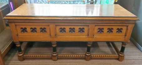 LIBRARY CENTRE TABLE, 74cm x 88cm H x 190cm L, oak Victorian, ebonised and red velvet lined with