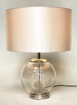 TABLE LAMP, glass with chromium base, circular silk drum shade, 83cm H.