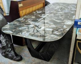 TABLE, laminated top with faux agate finish, central opening section containing power points,
