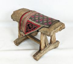 RUSTIC WOODEN STOOL, 60cm W x 43cm D x 48cm H, with vintage Chinese folk textile.