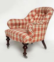 SLIPPER ARMCHAIR, 19th aesthetic century mahogany framed with buttoned check upholstery, rounded