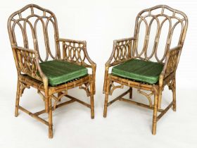 CONSERVATORY ARMCHAIRS, a pair, vintage bamboo, rattan framed and cane bound with Gothic arched