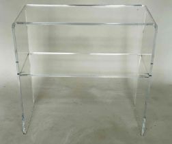 LUCITE CONSOLE TABLE, arched rectangular with undertier shelf, 70cm W x 70cm H x 30cm D.