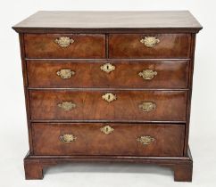 CHEST, early 18th century English Queen Anne figured walnut and crossbanded with quartered top above