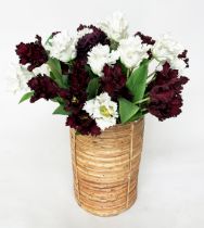 FAUX TULIPS DISPLAY, an arrangement of white and crimson tulips in cane bound planter, 90cm H.