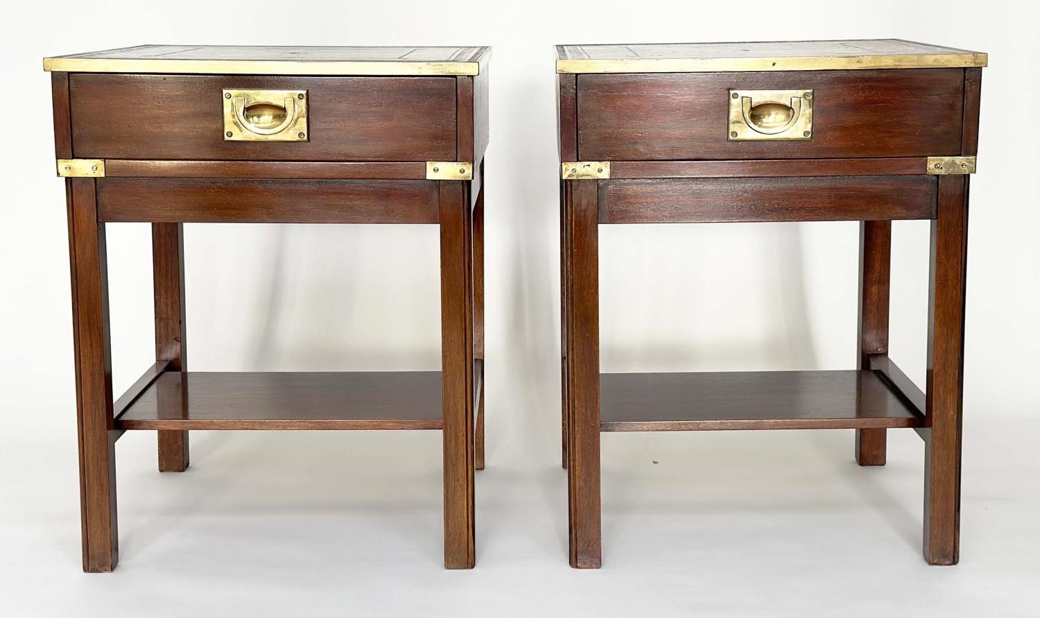 LAMP TABLES, a pair, campaign style mahogany and brass bound each with gilt tooled green leather and - Image 3 of 13