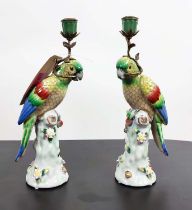 CANDLESTICKS, a pair, each in the form of a parrot on a perch, ceramic and gilt metal, 36cm H. (2)